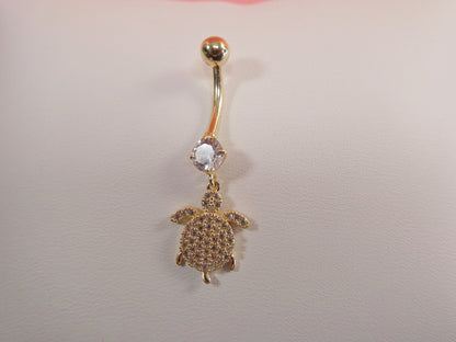 14k Real Solid Yellow Gold Dangling Turtle Belly Button Ring Piercing