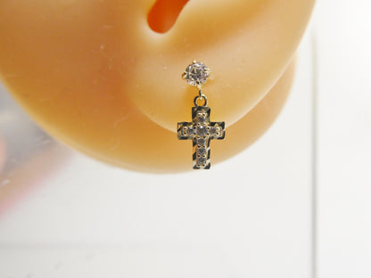 Real 10k Solid Yellow Gold Cross Dropping Push Post Earrings