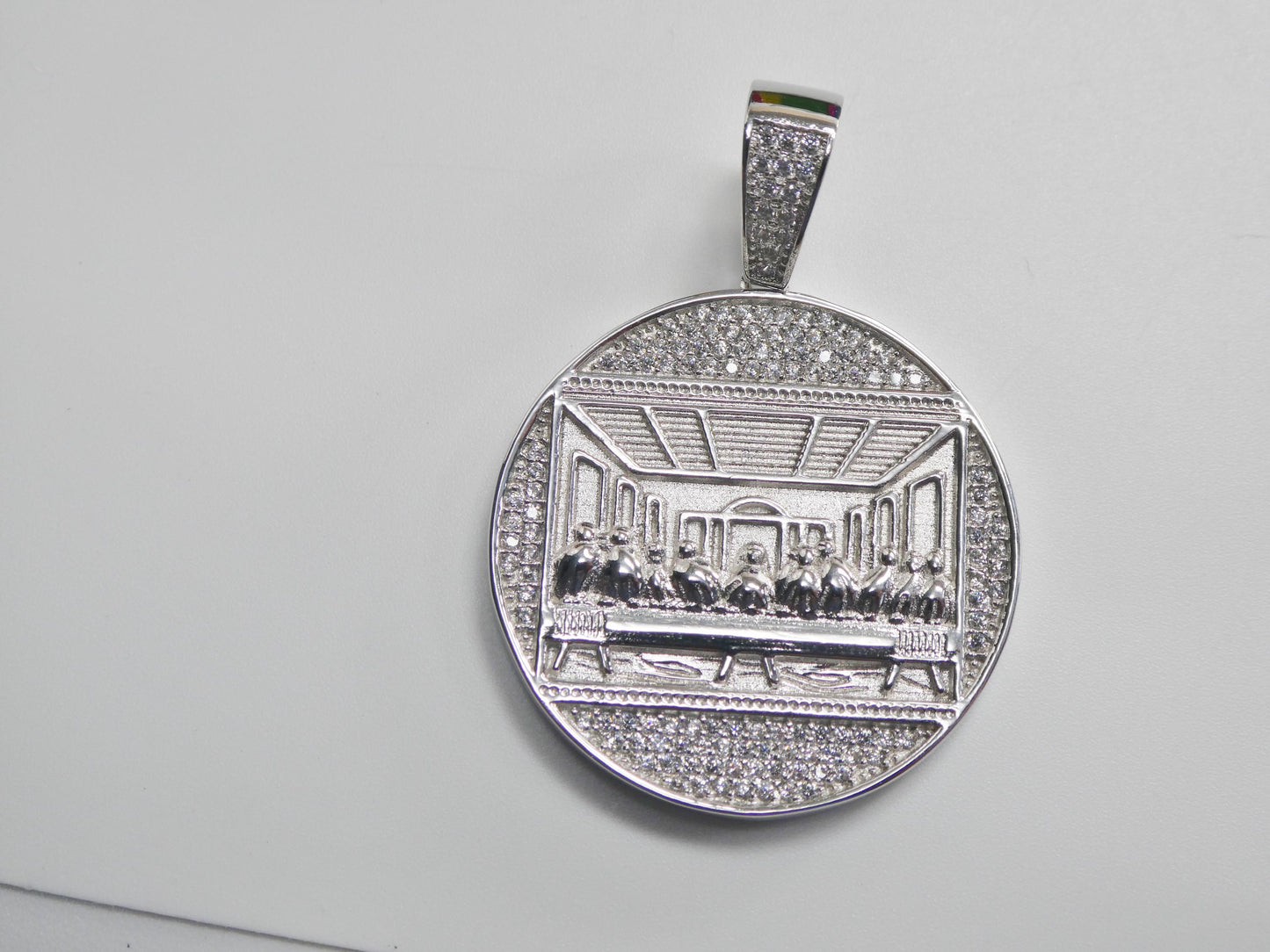 real 925 sterling silver 22 inch flat chain and large last supper pendent charm