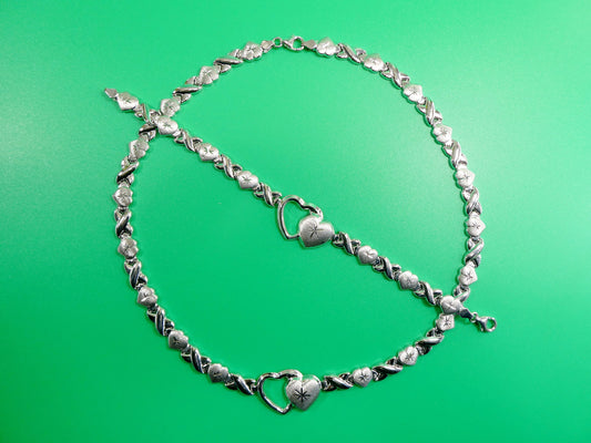 925 real sterling silver double heart set necklace and bracelet hugs and kisses stampato 14k white gold tone color