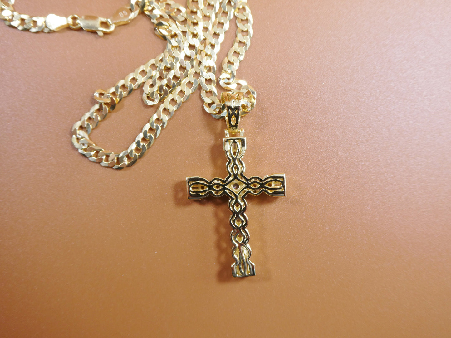 14k Gold Tone Cross Pendant Necklace: Sterling Silver Cuban Chain