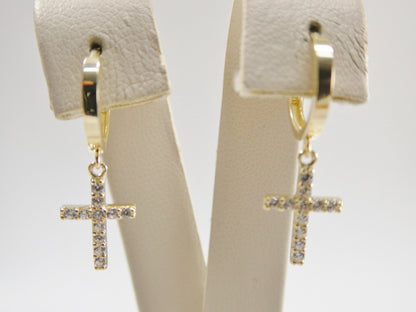 Real 10k Solid Yellow Gold Cross Dropping Hoop Huggie Earrings
