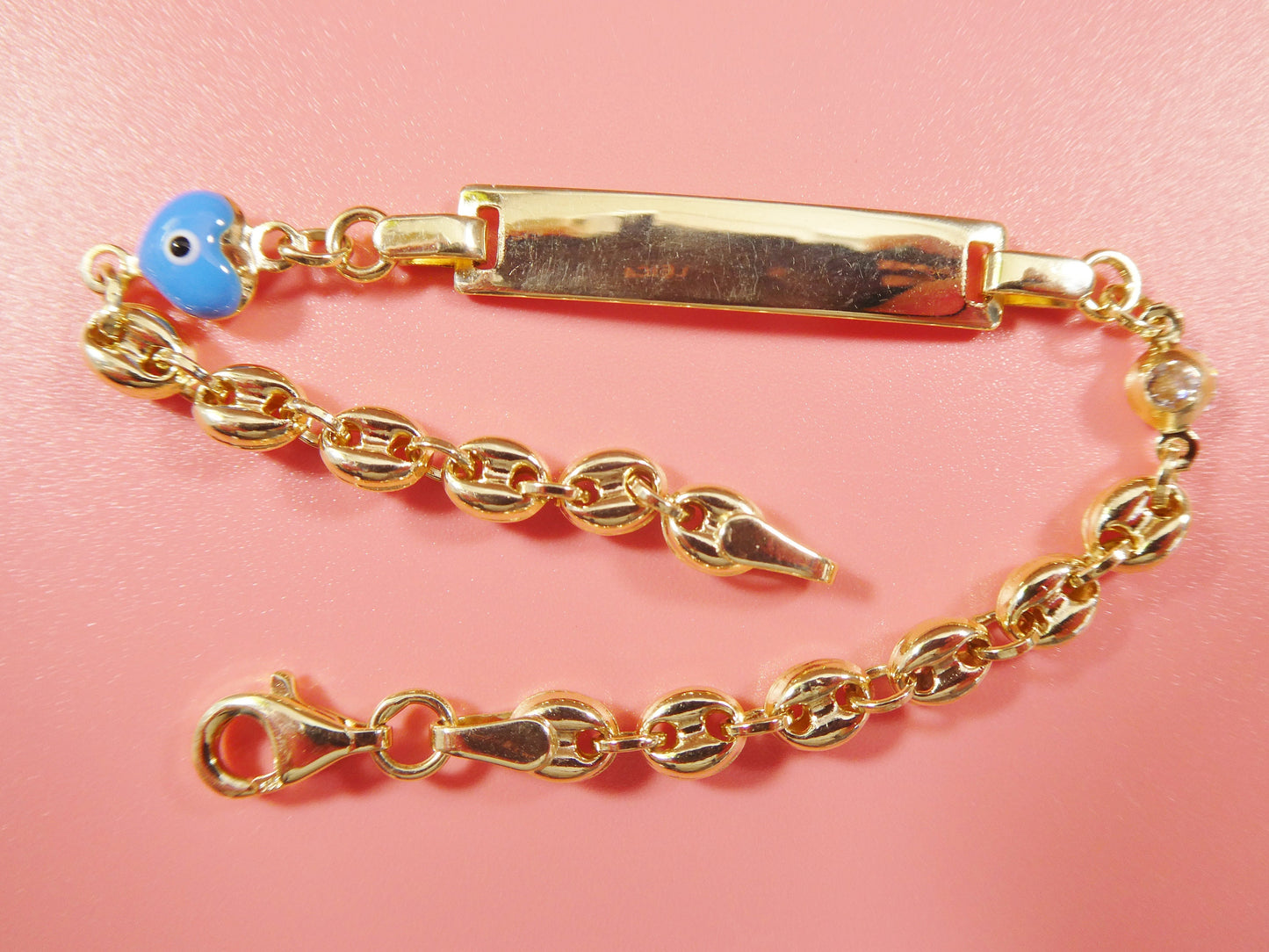 14k Yellow Gold Mariner Baby ID Bracelet with Turquoise Enamel Heart - 6 Inch