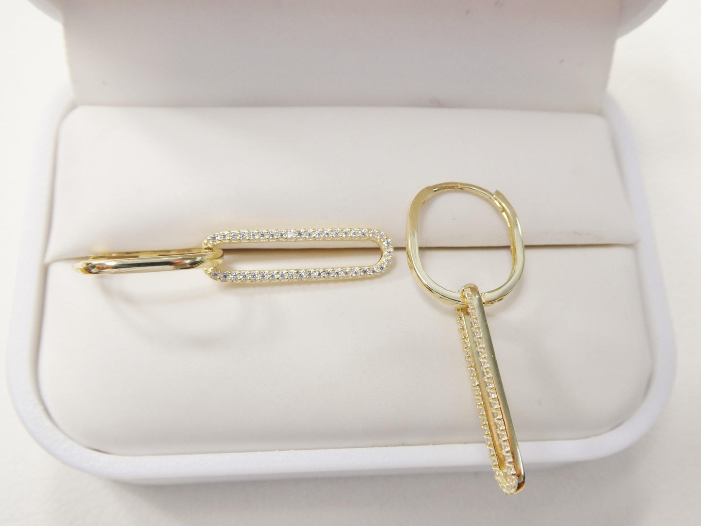 real 10k solid yellow gold long hanging paperclip earrings