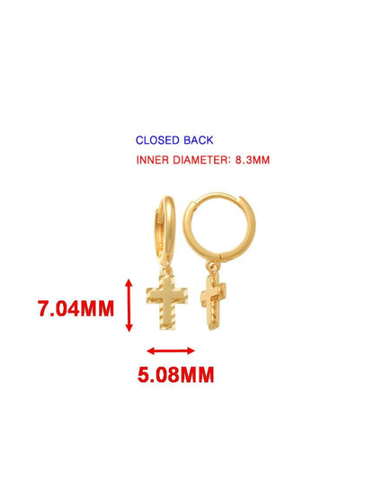 Real 10k Solid Yellow Gold Cross Dropping Hoop Huggie Earrings