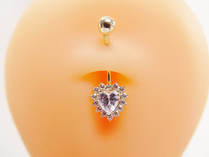 14k Real Solid Yellow Gold Color Stone Heart Belly Button Ring Piercing