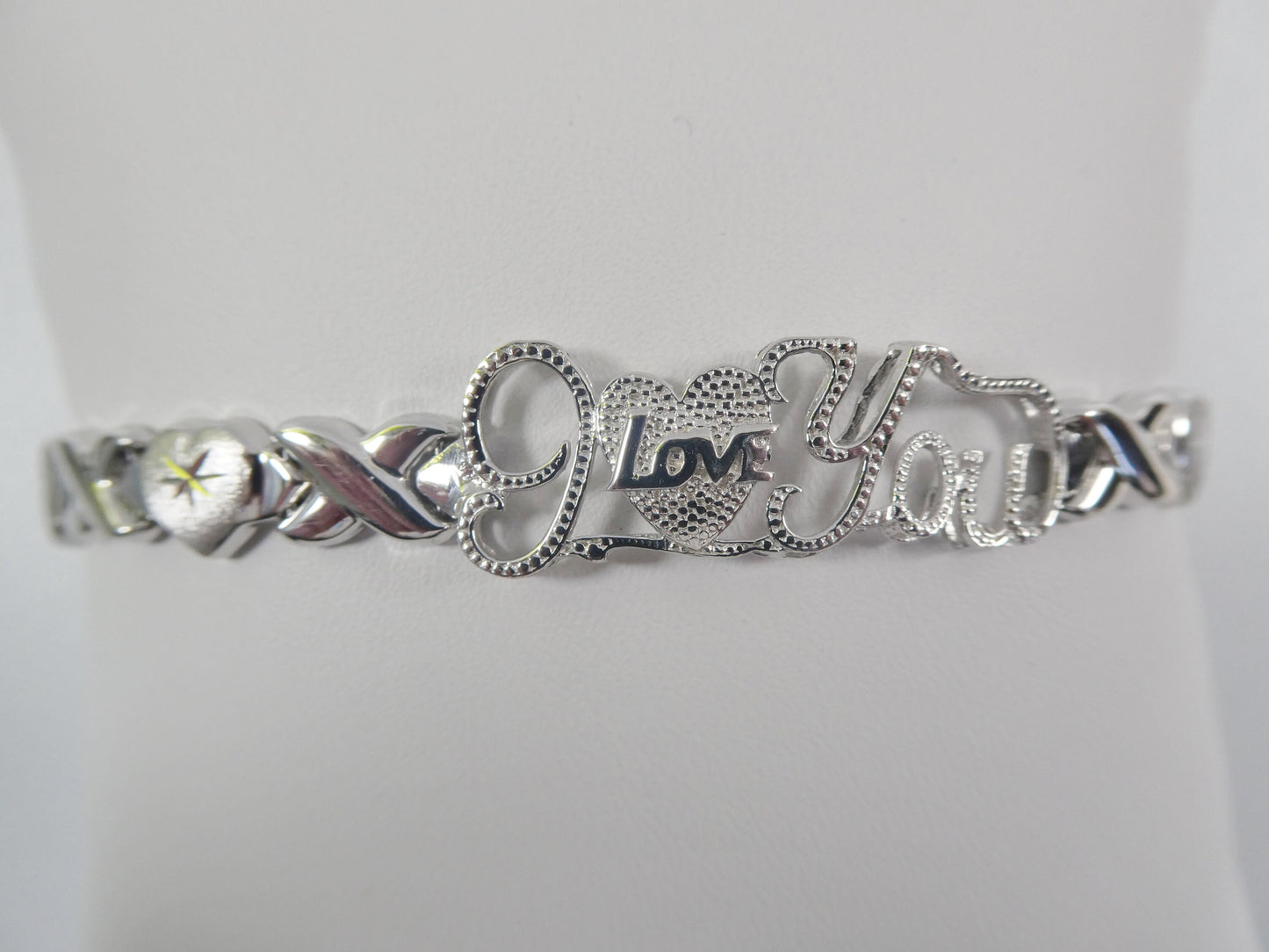 Sterling Silver I Love You XO Bracelet - 14k White Gold Finish