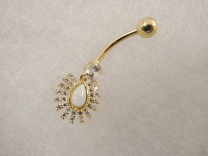 14k Real Solid Yellow Gold Dangling Barbell Opal Belly Button Ring Piercing
