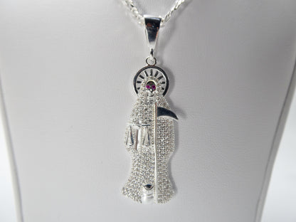 Real 925 Sterling Silver 22 inch Flat Chain And Large Santa Muerte Pendent Charm