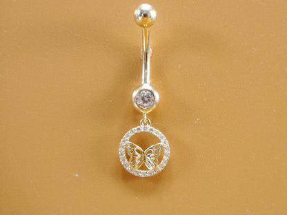 14k Real Solid Yellow Gold Dangling Circle Butterfly Belly Button Ring Piercing