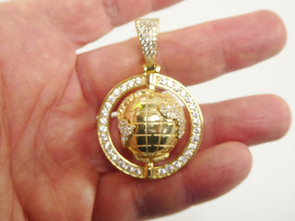 Real 925 Sterling Silver Globe Charm Pendent 14k Yellow Gold Finish