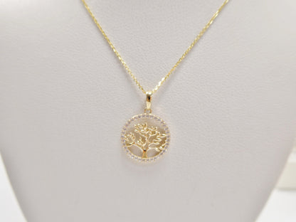 14k Real Solid Yellow Gold Tree of Life Pendant And Cable Necklace