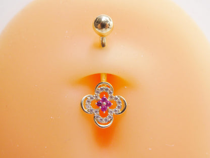 14k Real Solid Yellow Gold Flower Belly Button Ring Piercing