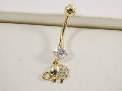 14k Real Solid Yellow Gold Elephant Dangling Belly Button Ring Piercing