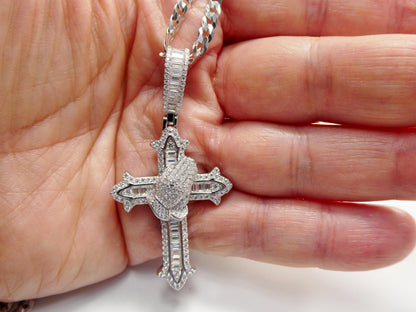 Real 925 Sterling Silver 22 Inch Flat Chain and Moissanite Cross Pendent Charm