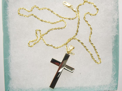 14k Real Solid Yellow Gold Super High Polish Cross Pendent and Robe Necklace