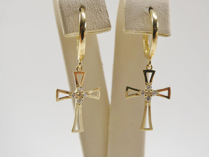 10k Real Solid Yellow Gold Plain Hoop Huggie Cross Dropping