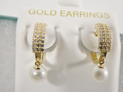 Real 10k Solid Yellow Gold Cultured Freshwater Pearl Dropping Hoop Huggie Earrings