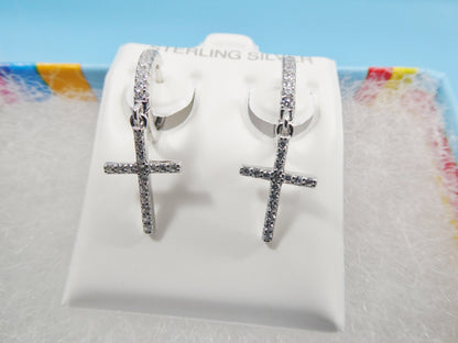 Sterling Silver Cross Drop Earrings: White Gold Finish, Cubic Zirconia