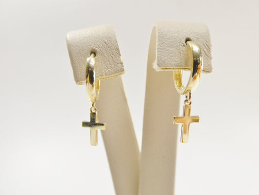 real 10k solid yellow gold cross dropping hoop huggie earring