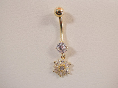14k Real Solid Yellow Gold Dangling Flower Belly Button Ring piercing