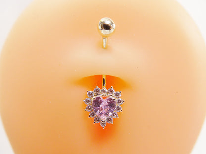 14k Real Solid Yellow Gold Color Stone Heart Belly Button Ring Piercing