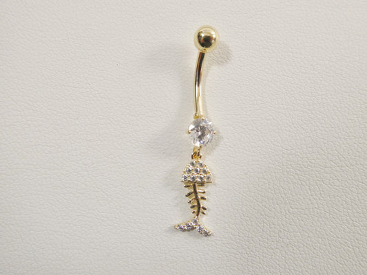 14k real solid yellow gold fish skeleton dangling belly button ring piercing
