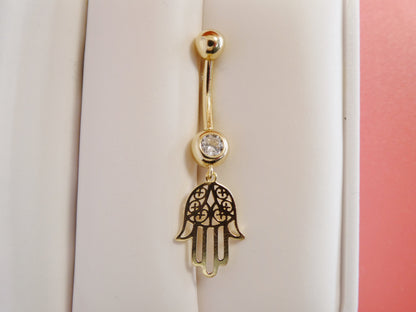 14k Real Solid Yellow Gold Dangling Hamsa Hand Belly Button Ring Piercing
