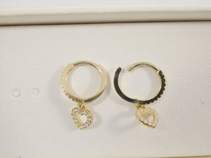 Real 10k Solid Yellow Gold Dangle Heart Full Micro Fave Setting Hoop Huggie Earrings