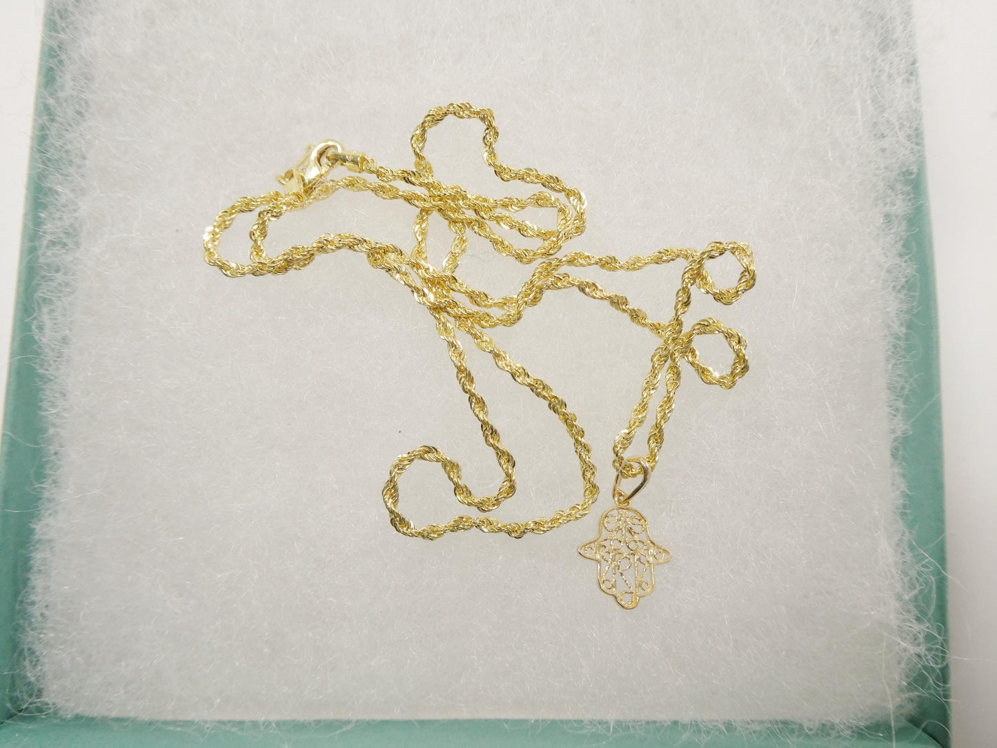 14k real solid yellow gold hand hamsa  pendent and rope necklace