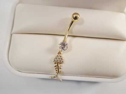 14k Real Solid Yellow Gold Fish Skeleton Dangling Belly Button Ring Piercing
