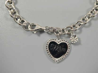 Real 7 Inch 925 Sterling Silver Cable Mom Heart Bracelet
