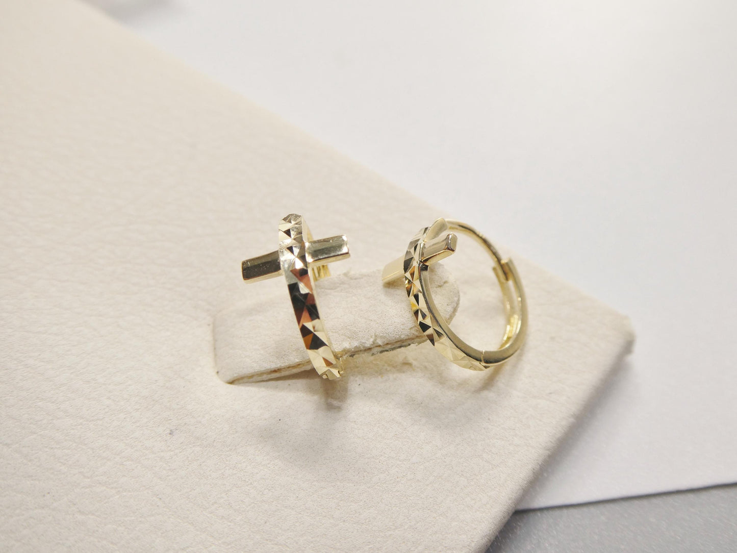 real 10k solid yellow gold cross hoop huggie earrings