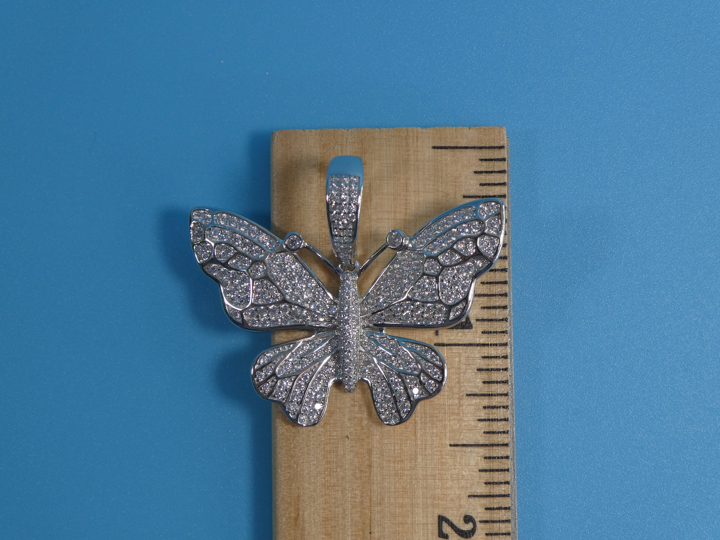 Sterling Silver Butterfly Pendant Necklace: 14k White Gold Tone Cuban Chain
