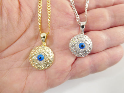 Real 925 Sterling Silver 18 inch Flat Chain and Evil Eye Pendant Charm