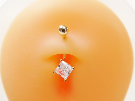 14k real solid yellow gold square stone belly button ring piercing