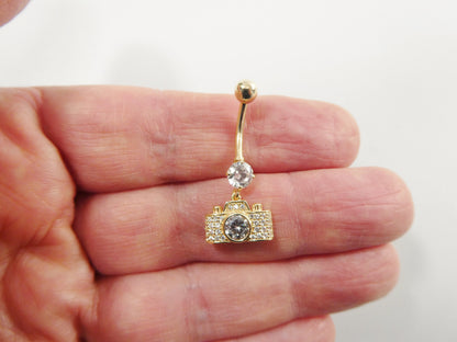 14k Real Solid Yellow Gold Camera Dangling Belly Button Ring Piercing