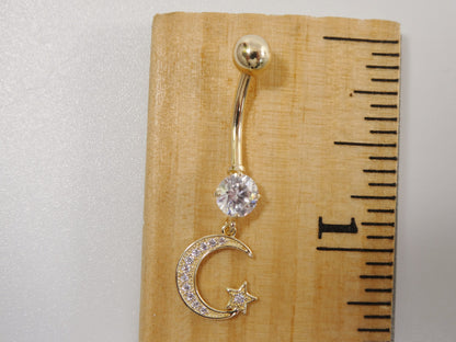 14k Real Solid Yellow Gold Dangling Moon And Star Belly Button Ring Piercing