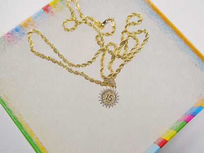 10k Real Solid Yellow Gold 15 Years Boy Girl Pendent and Rope Necklace