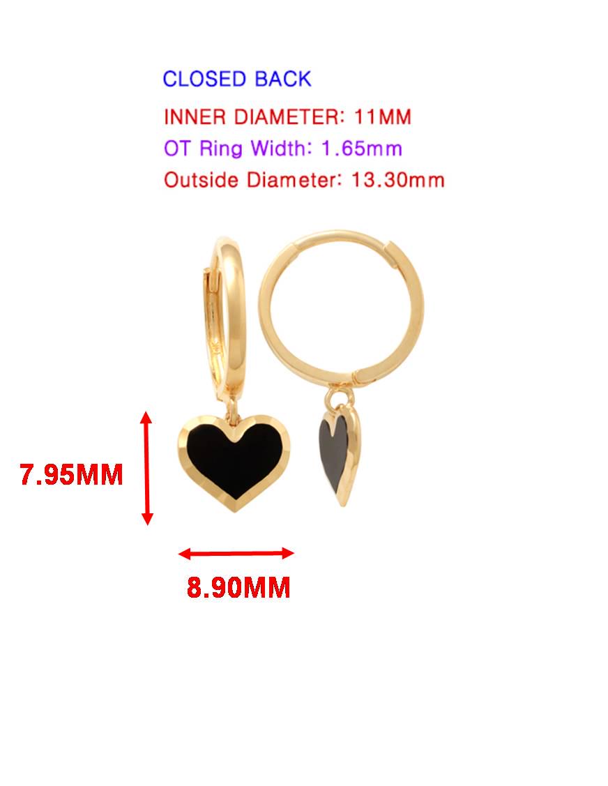 real 10k solid yellow gold black enamel heart hoop huggie earrings