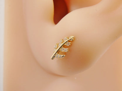 14k Real Solid Yellow Gold Leaf Helix Cartilage Leaf Earring
