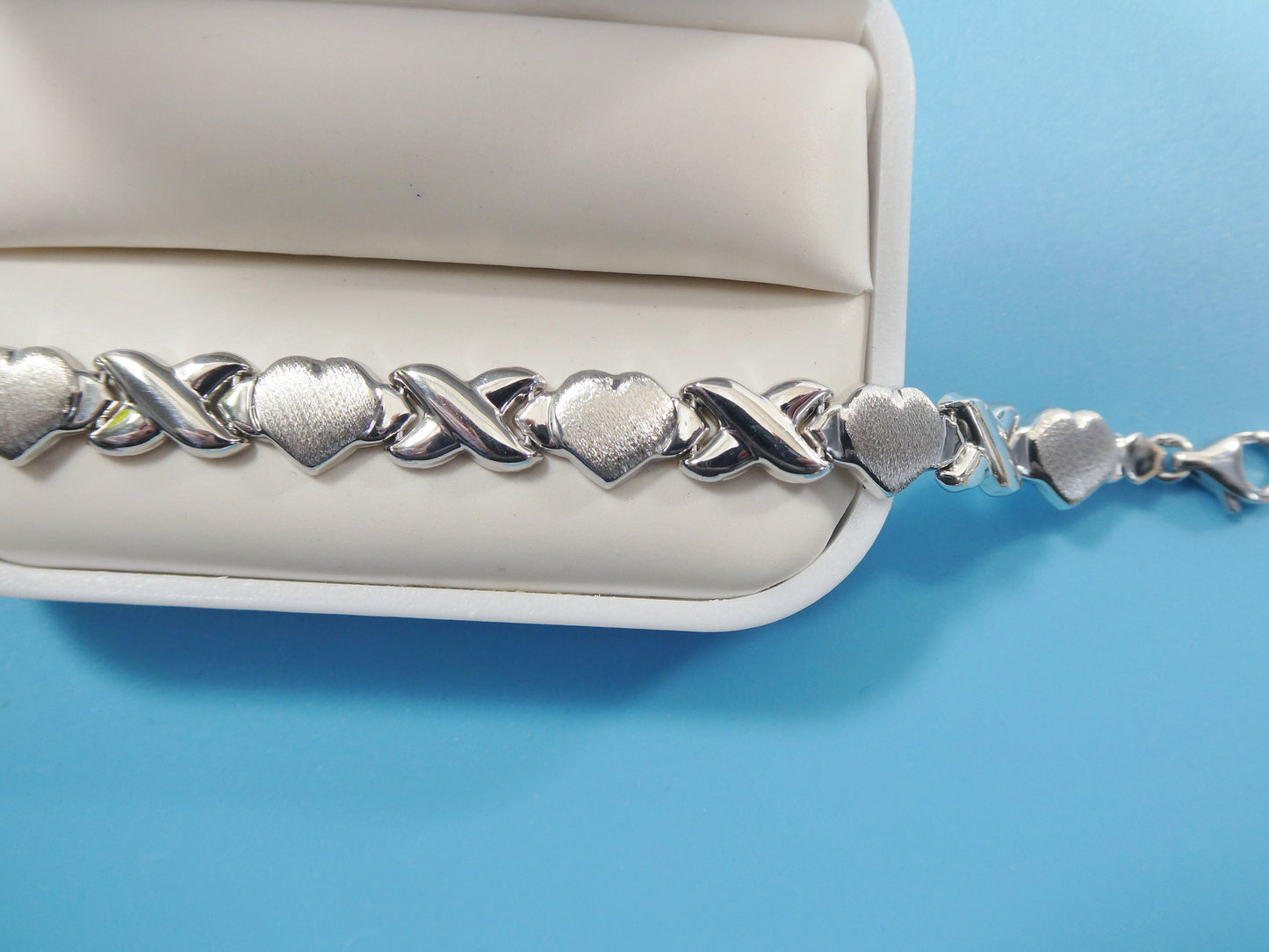 6.5 inch 7.5 inch 10 INCH xoxo satin heart stampato bracelet 14k white gold color finish over real 925 sterling silver