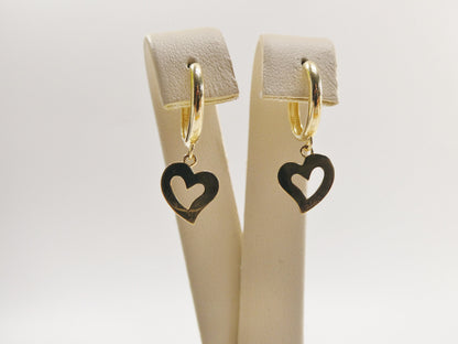 Real 10k Solid Yellow Gold Plain Heart Dangle Hoop Huggie Earrings