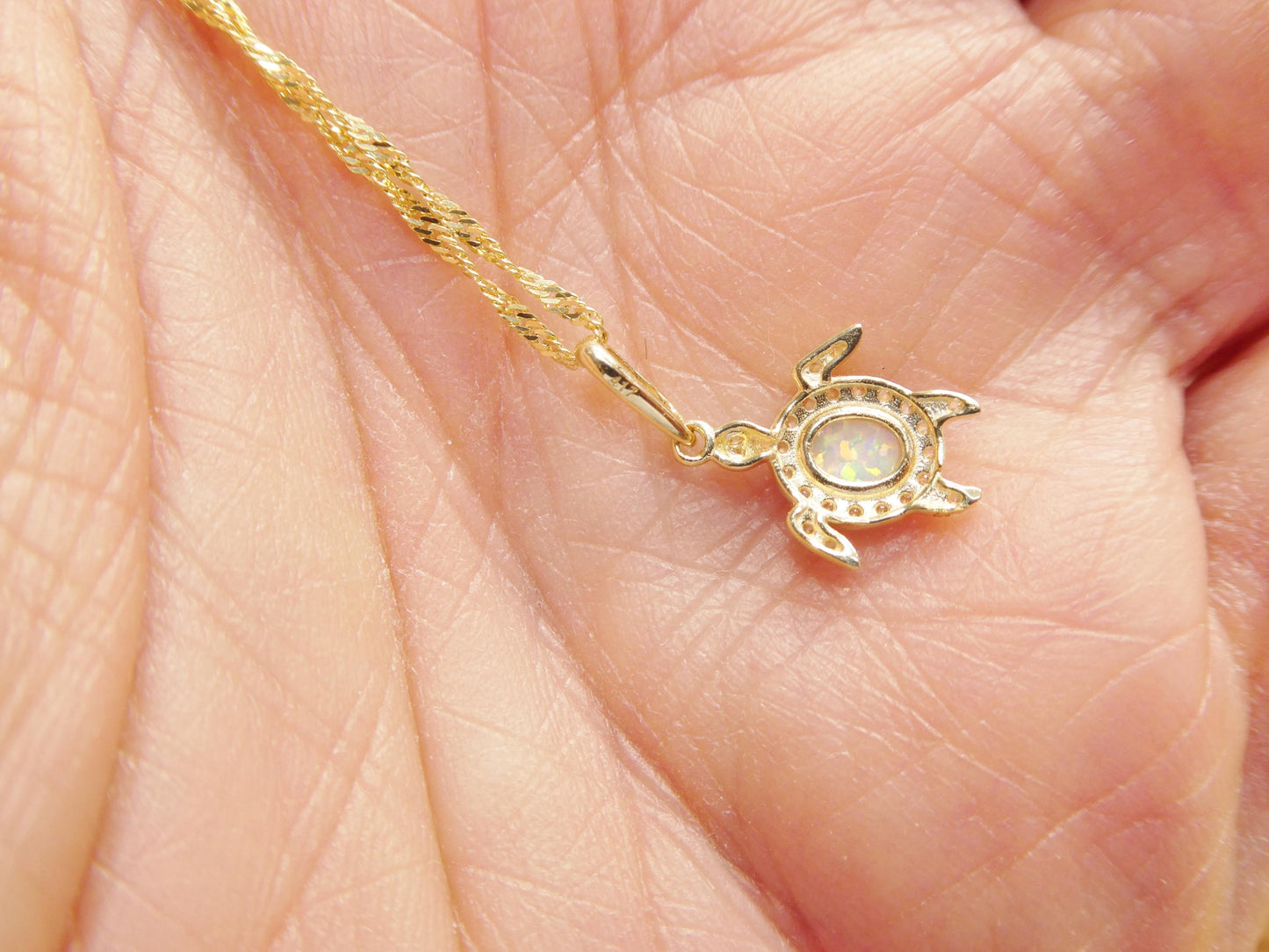 10k Yellow Gold Singapore Chain Necklace opal turtle Pendant