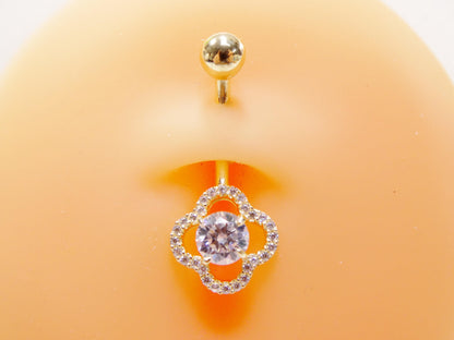 14k Real Solid Yellow Gold Flower Shaped Belly Button Ring Piercing
