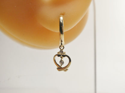 Real 10k Solid Yellow Gold Designer Heart Dangling Hoop Huggie Earrings