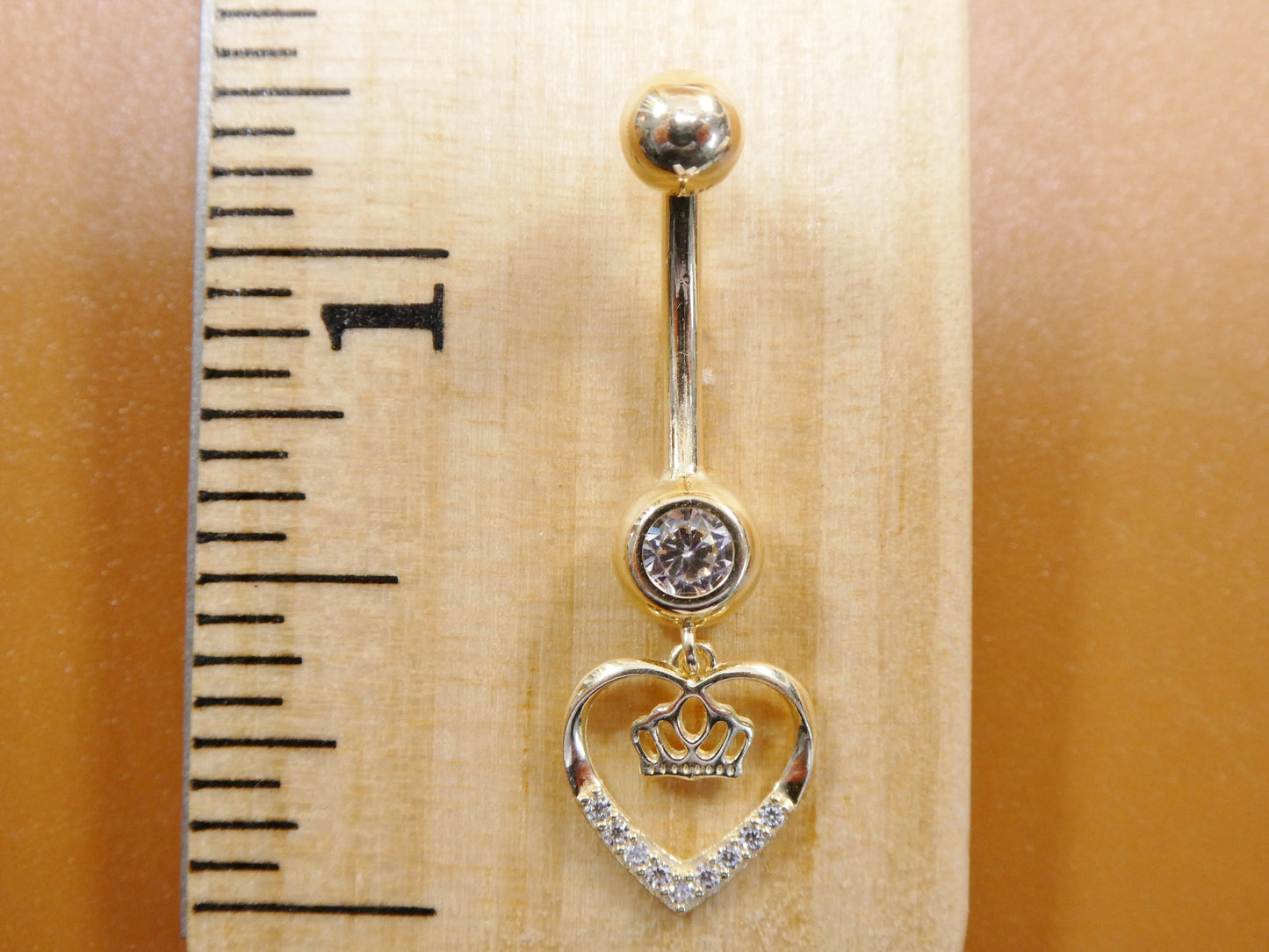 14k real solid yellow gold dangling crown heart belly button ring piercing