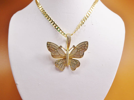 14k yellow gold color tone chain and large butterfly charm pendent over real 925 sterling silver