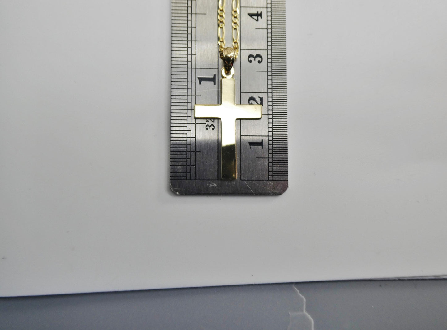 10k Yellow Gold solid figaro Chain & Cross Pendant Necklace: 16 inch