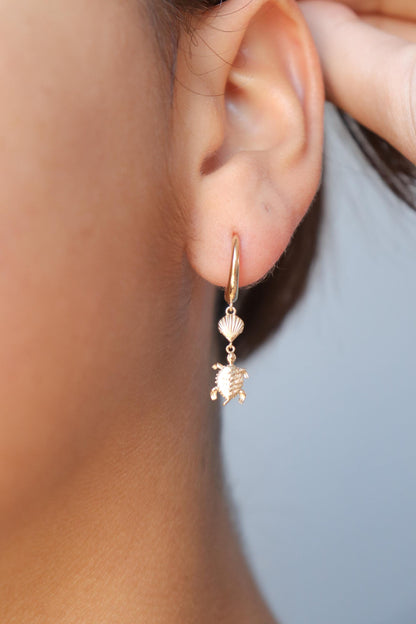 10k Real Yellow Gold Turtle Dangle Plain Huggie Earrings